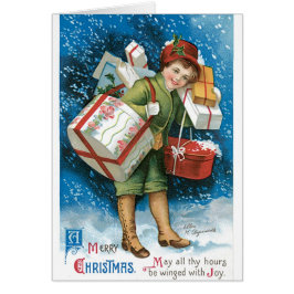 ヴィンテージクリスマスカード雪の男の子ギフトプレゼント