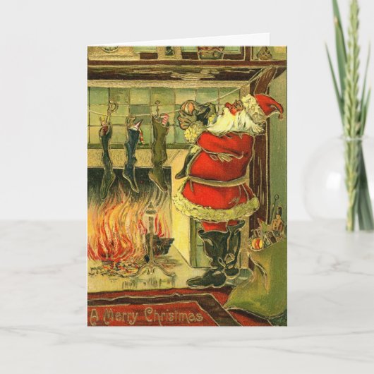 ヴィンテージクリスマスカード – サンタ，ストッキング シーズンカード (正面)