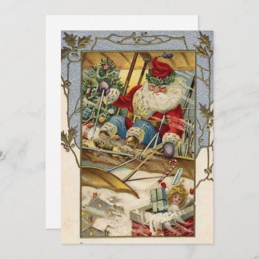 ヴィンテージクリスマスカード | 飛行機に乗ったサンタ シーズンカード (正面/裏面)
