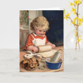 ヴィンテージクリスマスガールがクッキーを作るカスタム カード (黄色い花)