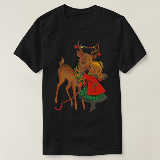 ヴィンテージクリスマスガールとトナカイ Tシャツ (デザイン正面)