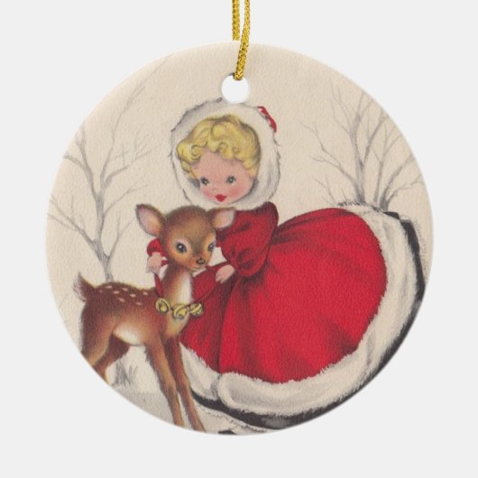 ヴィンテージクリスマスガールとベビーディアツリー セラミックオーナメント (正面)