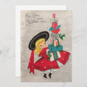 ヴィンテージクリスマスガールはギフトホリデーカードをもたらす シーズンカード (正面/裏面)