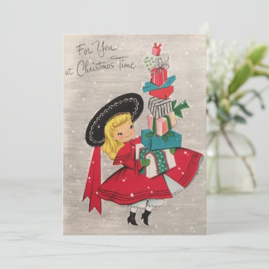 ヴィンテージクリスマスガールはギフトホリデーカードをもたらす シーズンカード (スタンド正面)