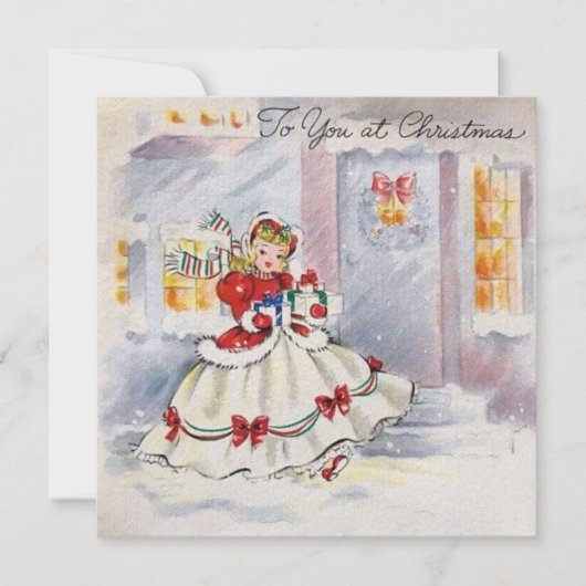ヴィンテージクリスマスガールプレゼント シーズンカード (正面)