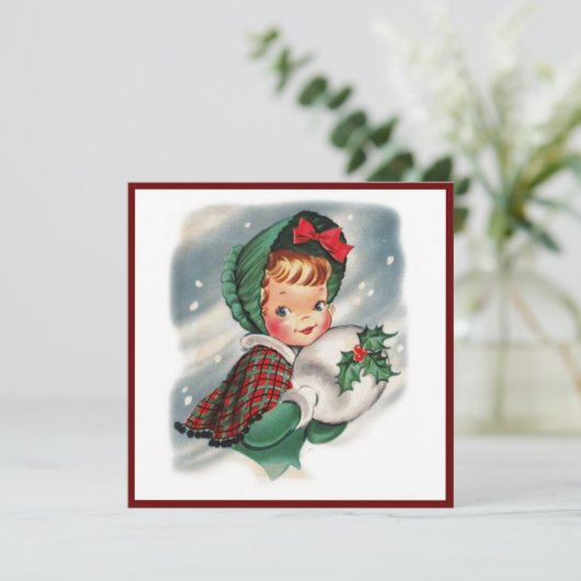 ヴィンテージクリスマスガールホールディングホリー シーズンカード (スタンド正面)
