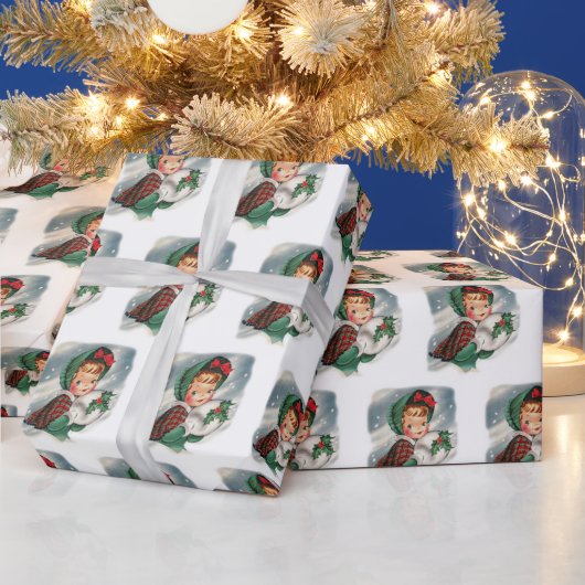ヴィンテージクリスマスガールホールディングホリー ラッピングペーパー (クリスマス)