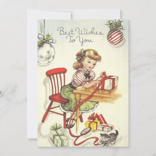 ヴィンテージクリスマスガールラッピングプレゼント シーズンカード (正面)