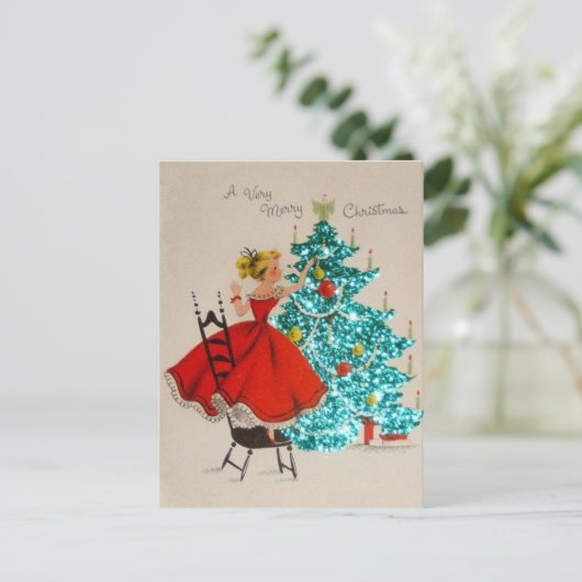 ヴィンテージクリスマスガール飾ズツリー シーズンポストカード (スタンド正面)