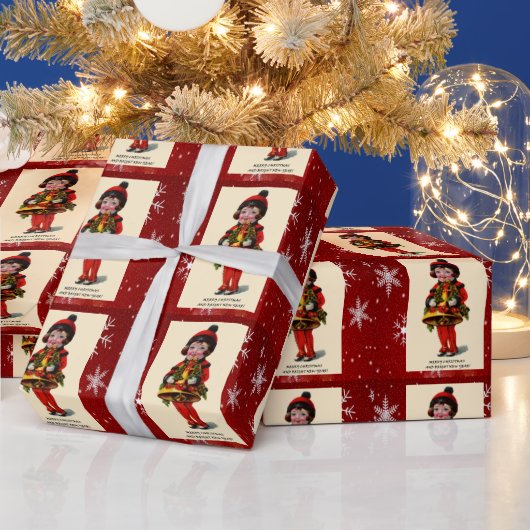 ヴィンテージクリスマスガール、スノーフレークスラッピング紙 ラッピングペーパー (クリスマス)