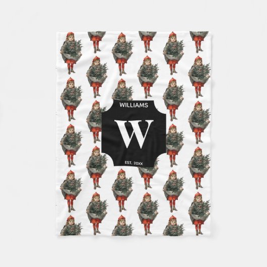 ヴィンテージクリスマスガール&ホリーベリーモノグラムの フリースブランケット (正面)