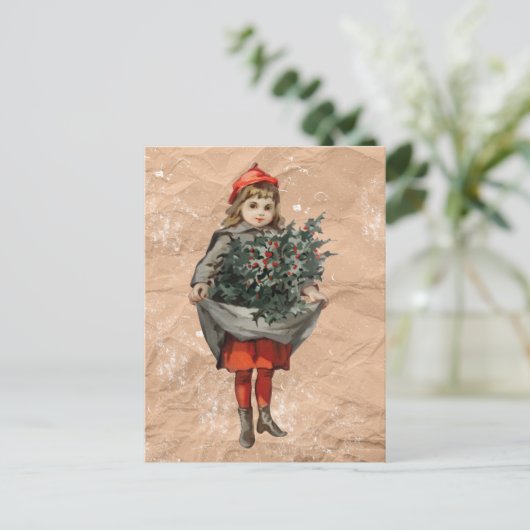 ヴィンテージクリスマスガール&ホリーベリー動揺して シーズンポストカード (スタンド正面)