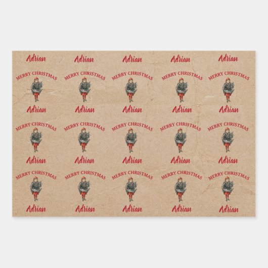ヴィンテージクリスマスガール&ホリー名前をカスタムするクラフト ラッピングペーパーシート (正面3)