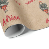 ヴィンテージクリスマスガール&ホリー名前をカスタムするクラフト ラッピングペーパー (ロールコーナー)