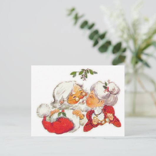 ヴィンテージクリスマスキスをするサンタ夫人クロース シーズンポストカード (スタンド正面)