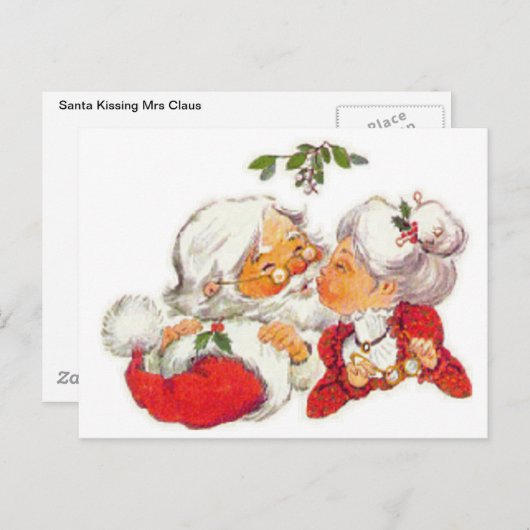 ヴィンテージクリスマスキスをするサンタ夫人クロース シーズンポストカード (正面/裏面)