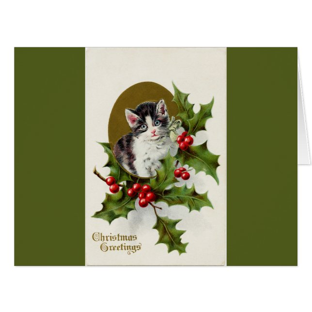 ヴィンテージクリスマスキットングリーンビッググリーティングカード (正面横)