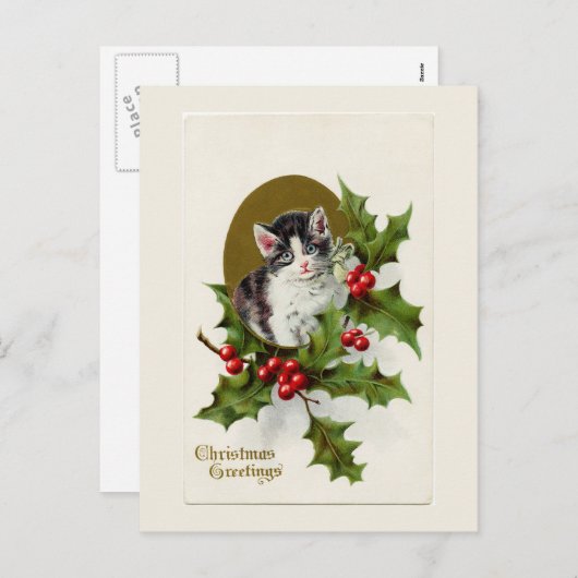 ヴィンテージクリスマスキットンホワイトポストカード シーズンポストカード (正面/裏面)