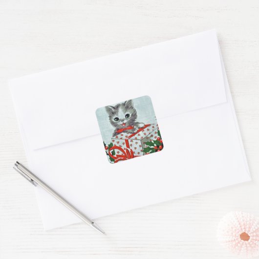 ヴィンテージクリスマスキティ猫とギフト スクエアシール (封筒)