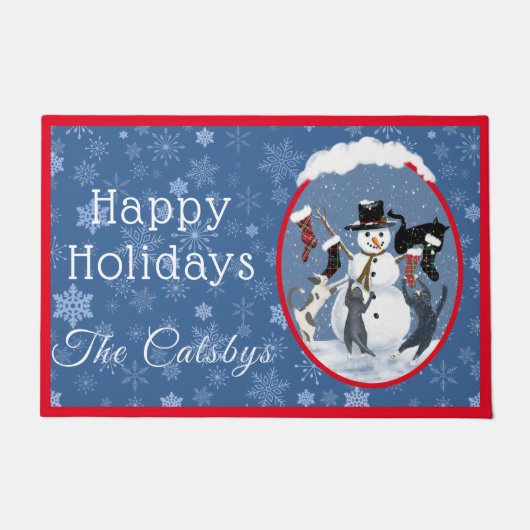 ヴィンテージクリスマスキャッツと雪だるまカスタム ドアマット (正面)