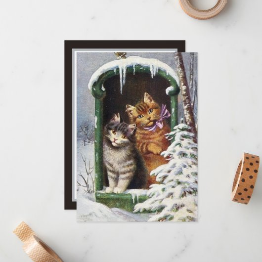 ヴィンテージクリスマスキャッツホリデー追加気持ち ノートカード (正面/裏面インサイチュ)