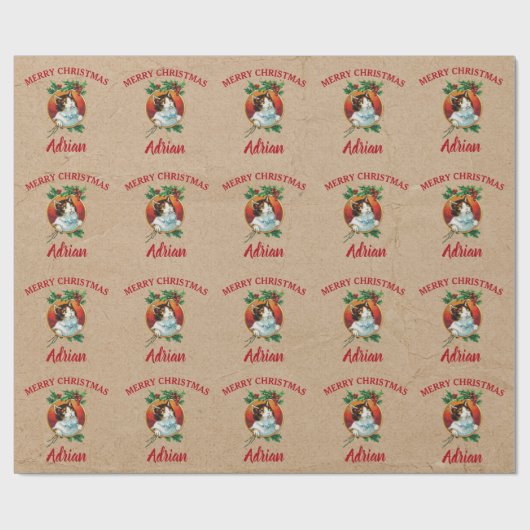 ヴィンテージクリスマスキャットホリデイ名前をカスタムするクラフト ラッピングペーパー (フラット)