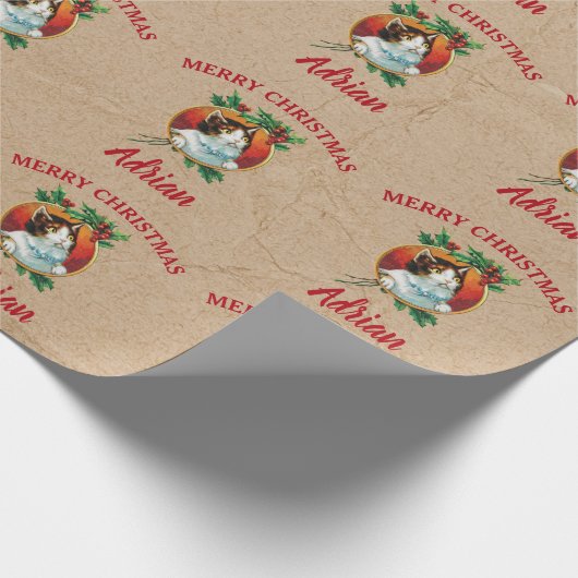ヴィンテージクリスマスキャットホリデイ名前をカスタムするクラフト ラッピングペーパー (角)
