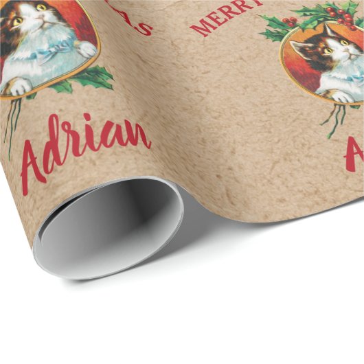 ヴィンテージクリスマスキャットホリデイ名前をカスタムするクラフト ラッピングペーパー (ロールコーナー)