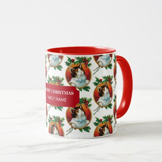 ヴィンテージクリスマスキャットホリデイ名前をカスタムする マグカップ (正面右)