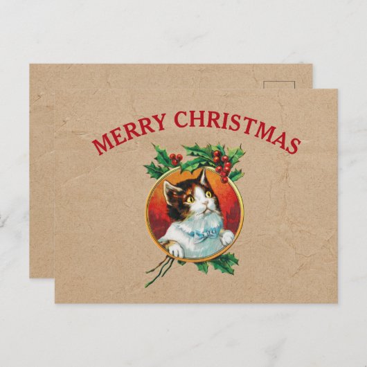 ヴィンテージクリスマスキャットホリデークラフトブラウン紙 シーズンポストカード (正面/裏面)