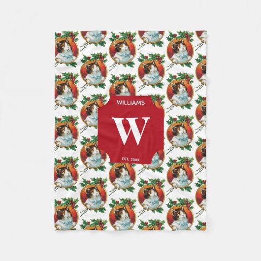 ヴィンテージクリスマスキャットホリモノグラムのデイ フリースブランケット (正面)
