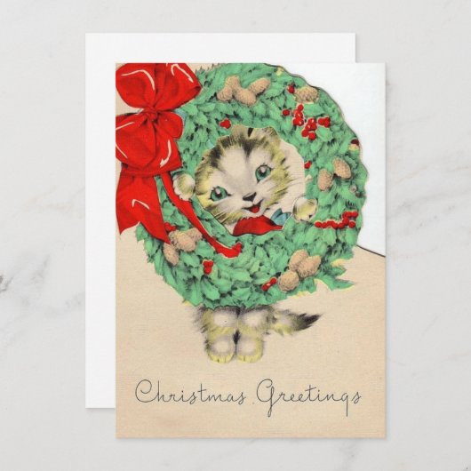 ヴィンテージクリスマスキャットホールディングリース シーズンカード (正面/裏面)