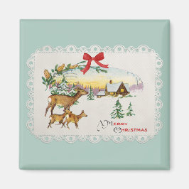 ヴィンテージクリスマスキャビン&ディアー マグネット