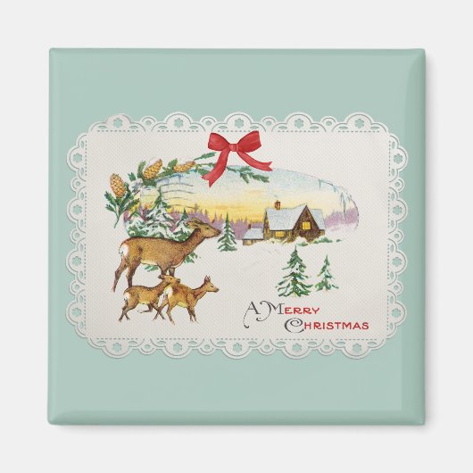 ヴィンテージクリスマスキャビン&ディアー マグネット (正面)