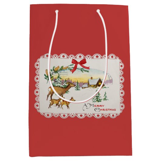 ヴィンテージクリスマスキャビン&ディアー ミディアムペーパーバッグ (正面)