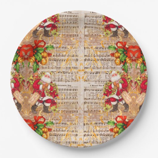 ヴィンテージクリスマスキャロルとサンタクリスマス ペーパープレート (正面)