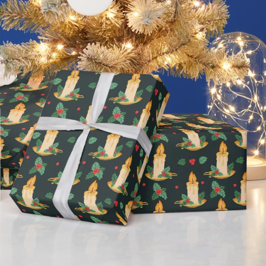ヴィンテージクリスマスキャンドルのホリーパターン ラッピングペーパー (クリスマス)