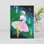 ヴィンテージクリスマスキャンドルガール虹色グリッター サンキューカード (スタンド正面)