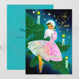 ヴィンテージクリスマスキャンドルガール虹色グリッター サンキューカード