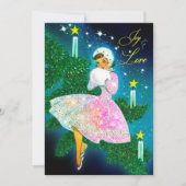 ヴィンテージクリスマスキャンドルガール虹色グリッター シーズンカード (正面)