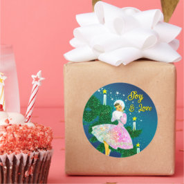 ヴィンテージクリスマスキャンドルガール虹色グリッター ラウンドシール