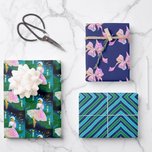 ヴィンテージクリスマスキャンドルガール虹色グリッター ラッピングペーパーシート (正面)