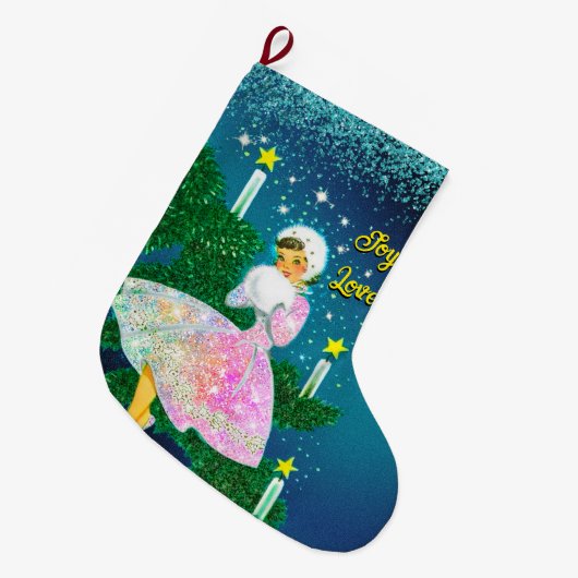 ヴィンテージクリスマスキャンドルガール虹色グリッター ラージクリスマスストッキング (正面 (吊り時))