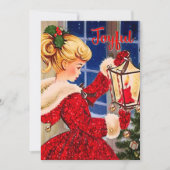 ヴィンテージクリスマスキャンドルランプ赤グリッター女 サンキューカード (正面)