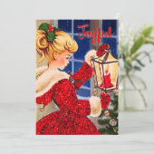 ヴィンテージクリスマスキャンドルランプ赤グリッター女 サンキューカード (スタンド正面)