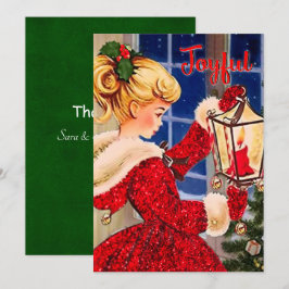 ヴィンテージクリスマスキャンドルランプ赤グリッター女 サンキューカード