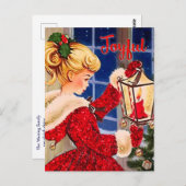 ヴィンテージクリスマスキャンドルランプ赤グリッター女 ポストカード (正面/裏面)