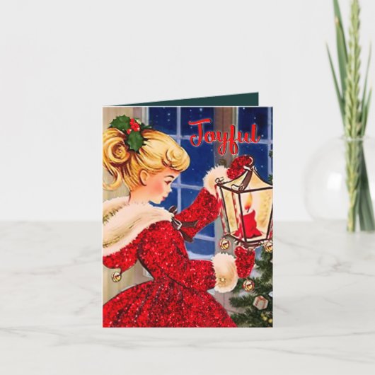 ヴィンテージクリスマスキャンドルランプ赤グリッター女 招待状 (正面)