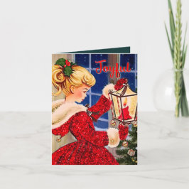 ヴィンテージクリスマスキャンドルランプ赤グリッター女 招待状