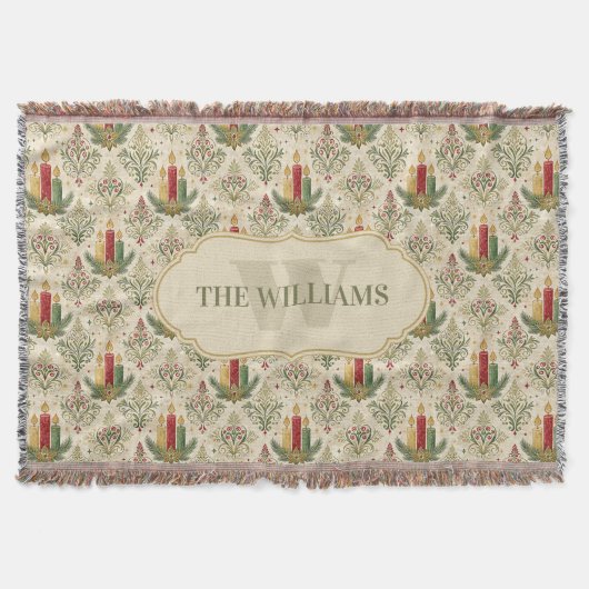 ヴィンテージクリスマスキャンドル&オーナメントモノグラム スローブランケット (正面)